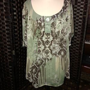Green print polyester top.  Size 18/20